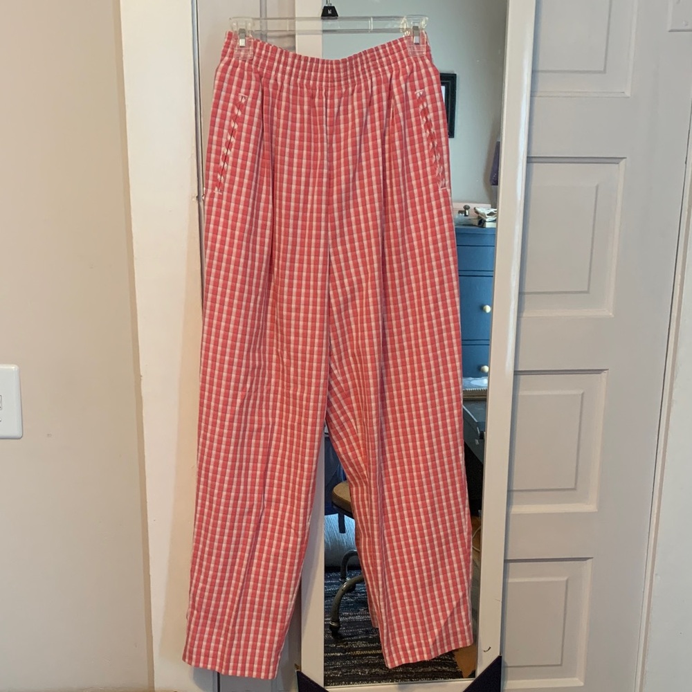 Vintage, Pink Plaid, Women's High-Waisted Trousers Size S/M